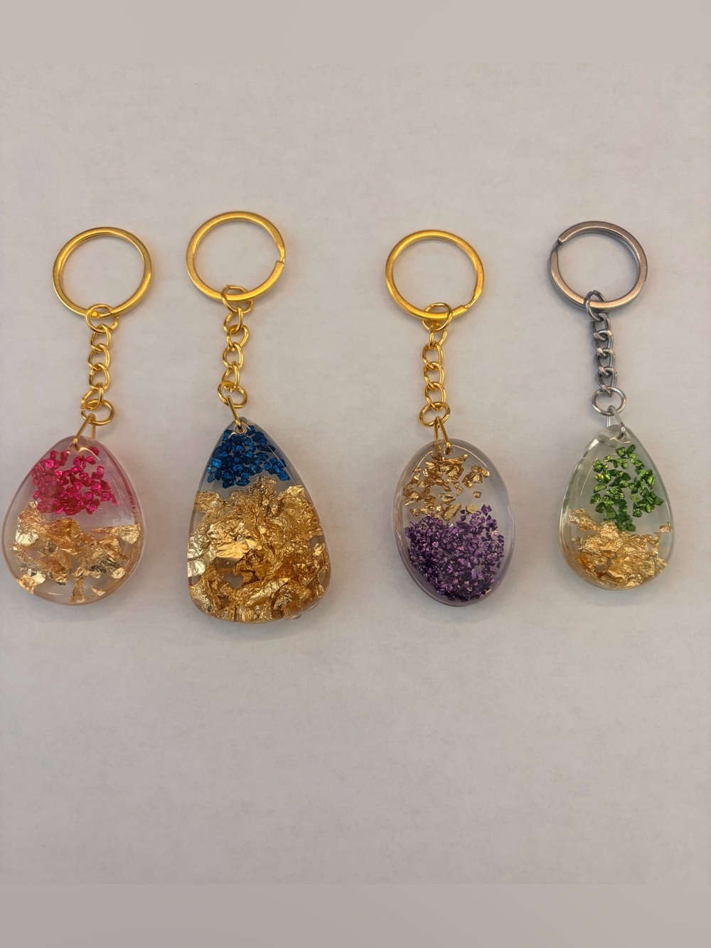 Resin Gold Flake Keychain with Pink, Blue, Purple, and Green Accents